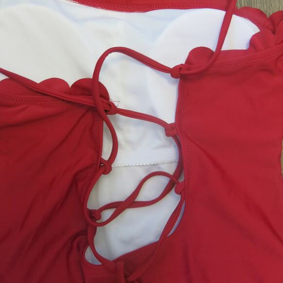 BEACHSISSI *NWOT* One Piece Swimsuit Bathing Size M Lace Up Ruffle Wine Red - Picture 9 of 14